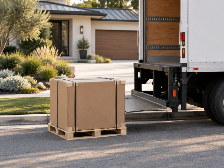 Palletized curbside freight delivery beside a residential driveway