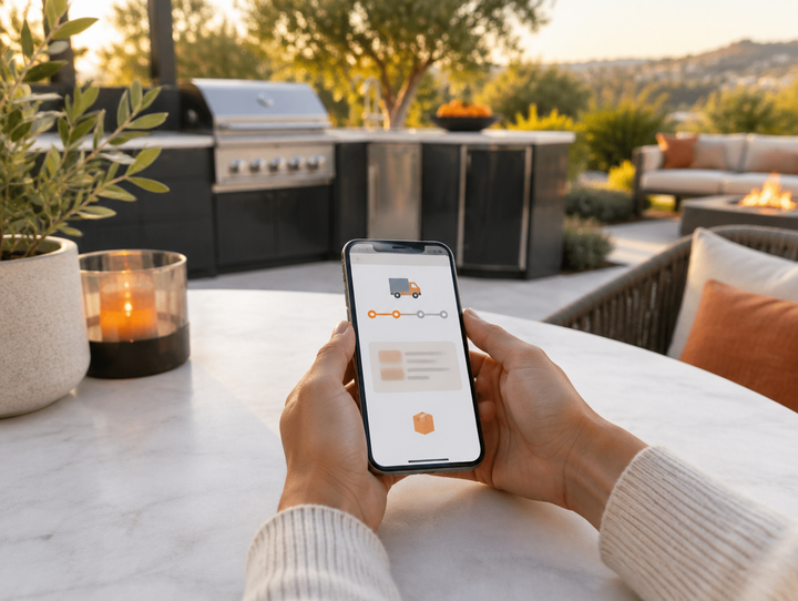Homeowner checking an order on a backyard patio