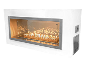 The Outdoor Plus Berkeley outdoor gas fireplace with flame and an optional glass wind guard