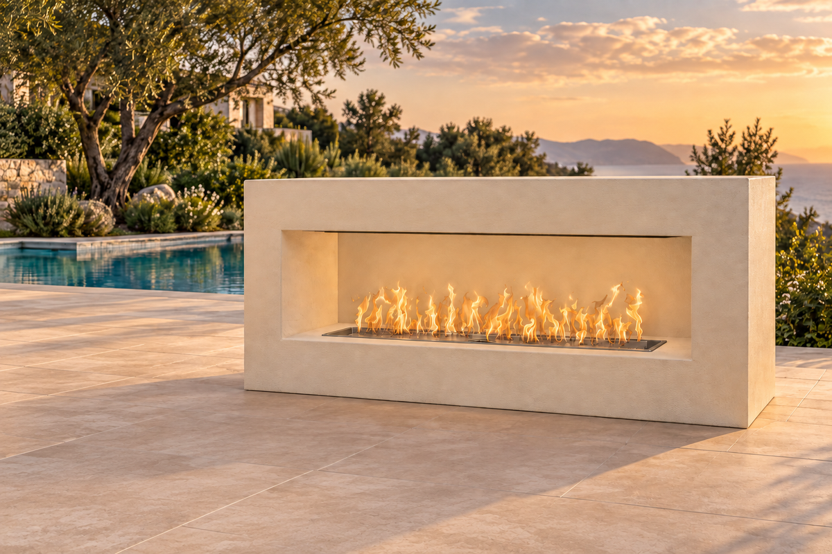 Illustrative Williams ready-to-finish fireplace in a custom ivory cement finish on a luxury outdoor terrace; finish, patio and furniture are not included.