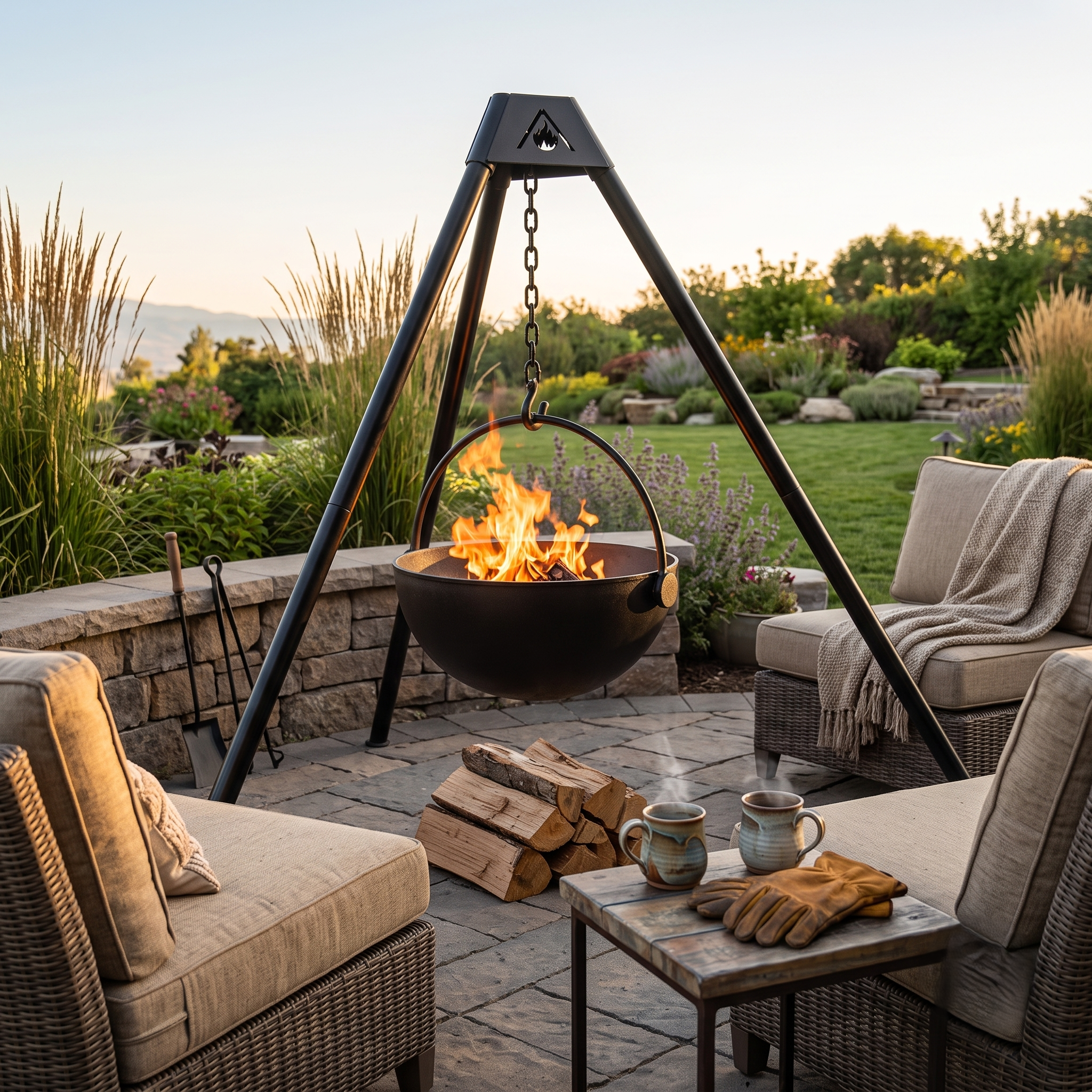 A black metal hanging fire pit with a bowl-shaped burner sits on a stone patio in a landscaped garden setting at sunset. The fire pit is suspended from a tripod stand, surrounded by outdoor wicker furniture, a small side table with mugs and gloves, and stacked firewood.