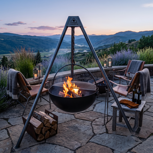 Cowboy Cauldron Urban Cowboy 30" Fire Pit & Grill in an outdoor setting