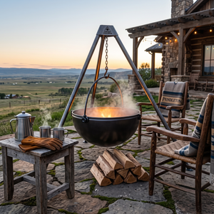 Cowboy Cauldron Wrangler 36" Fire Pit & Grill in an outdoor setting
